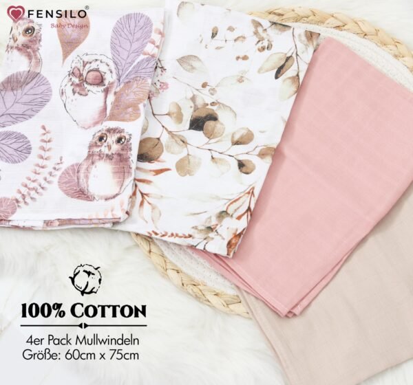 FENSILO|Baby|Katoenen mousseline|4pack|65x70 cm|Hydrofiele Luiers|Hydrofiele Doeken|jongens en meisjes|gaasluiers|babyluiers - roze-beige dieren - Image 4