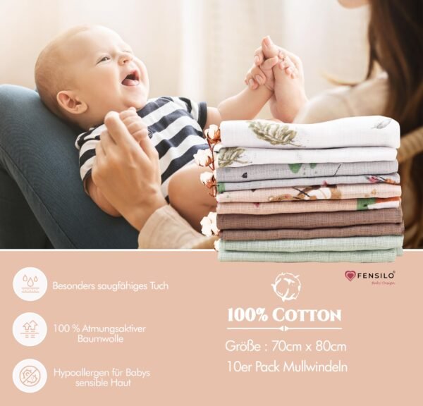 FENSILO Mullluiers | Mulldoeken - Pack van 10 70 x 80 cm | stoffen luiers | afvegen en afdekken van pasgeborenen | mousseline doeken voor baby's | Rainbow - Image 6