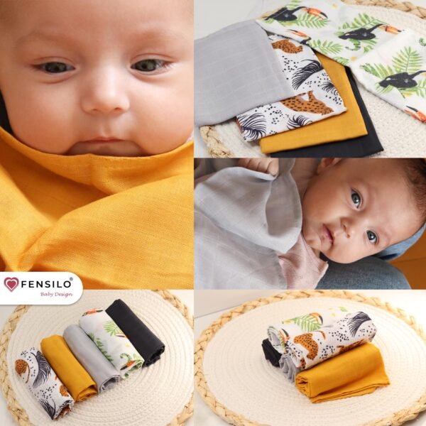 FENSILO|Baby|Katoenen mousseline|4pack|65x70 cm|Hydrofiele Luiers|Hydrofiele Doeken|jongens en meisjes|gaasluiers|babyluiers zwart, blauw, geel, beige - Image 5