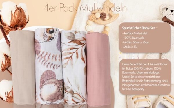 FENSILO|Baby|Katoenen mousseline|4pack|65x70 cm|Hydrofiele Luiers|Hydrofiele Doeken|jongens en meisjes|gaasluiers|babyluiers - roze-beige dieren - Image 2