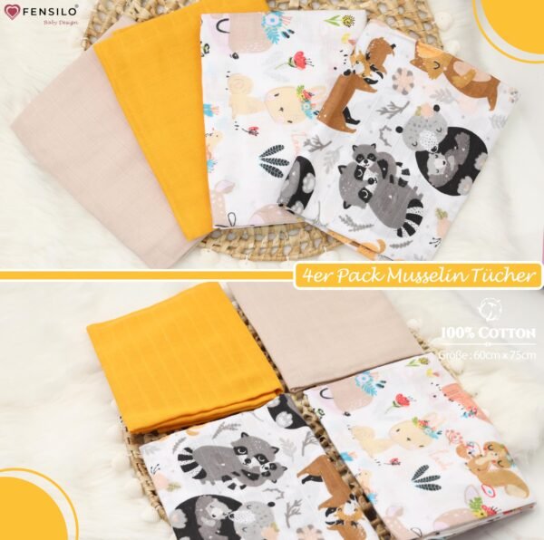 FENSILO|Baby|Katoenen mousseline|4pack|65x70 cm|Hydrofiele Luiers|Hydrofiele Doeken|jongens en meisjes|gaasluiers|babyluiers - geel, beige, & 2 dieren - Image 7
