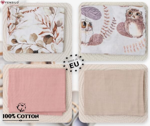 FENSILO|Baby|Katoenen mousseline|4pack|65x70 cm|Hydrofiele Luiers|Hydrofiele Doeken|jongens en meisjes|gaasluiers|babyluiers - roze-beige dieren - Image 9