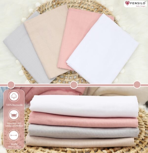 FENSILO|Baby|Katoenen mousseline|4pack|65x70 cm|Hydrofiele Luiers|Hydrofiele Doeken|jongens en meisjes|gaasluiers|babyluiers roze, wit, beige, grijs - Image 4