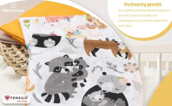 FENSILO|Baby|Katoenen mousseline|4pack|65x70 cm|Hydrofiele Luiers|Hydrofiele Doeken|jongens en meisjes|gaasluiers|babyluiers - geel, beige, & 2 dieren - Image 2