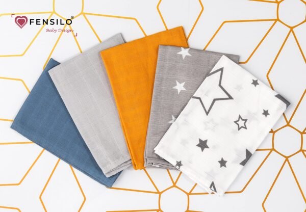 FENSILO Set van 5 mousselinedoeken voor baby's, 34 x 34 cm, babywashandjes van mousseline, veelzijdige doeken als spuugdoeken, snuffeldoek, 100% katoen, spucdoek sterren - Image 4