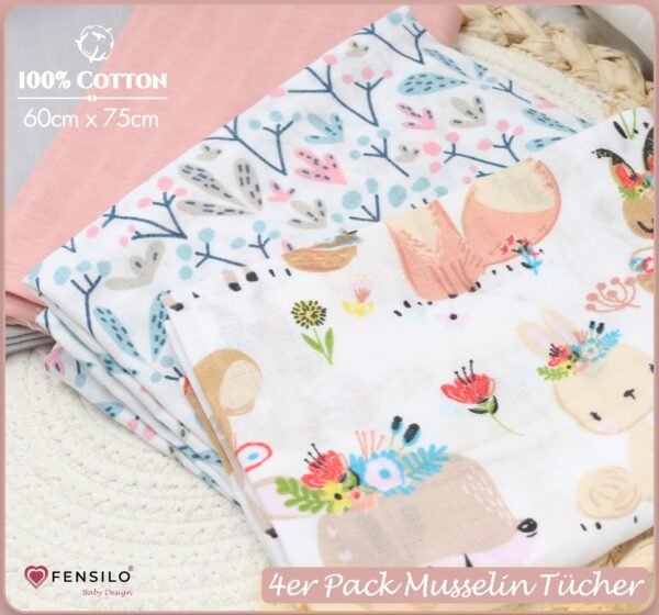 FENSILO|Baby|Katoenen mousseline|4pack|65x70 cm|Hydrofiele Luiers|Hydrofiele Doeken|jongens en meisjes|gaasluiers|babyluiers -grijs, roos, dieren en cactus - Image 2