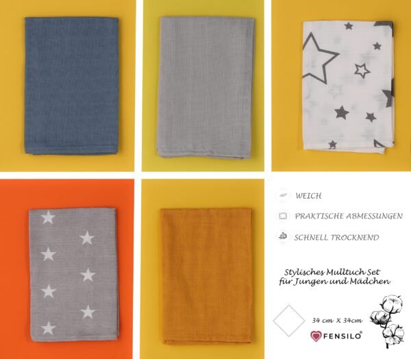 FENSILO Set van 5 mousselinedoeken voor baby's, 34 x 34 cm, babywashandjes van mousseline, veelzijdige doeken als spuugdoeken, snuffeldoek, 100% katoen, spucdoek sterren - Image 8