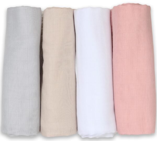 FENSILO|Baby|Katoenen mousseline|4pack|65x70 cm|Hydrofiele Luiers|Hydrofiele Doeken|jongens en meisjes|gaasluiers|babyluiers roze, wit, beige, grijs