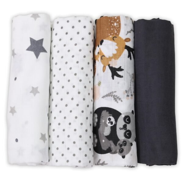 FENSILO Mousselinedoeken voor baby's, 60 x 75 cm, set van 4, mousseline, Made in EU, snuffeldoek, spuceldoek voor jongens en meisjes, voor baby's - zwart-witte dieren