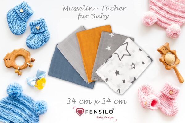 FENSILO Set van 5 mousselinedoeken voor baby's, 34 x 34 cm, babywashandjes van mousseline, veelzijdige doeken als spuugdoeken, snuffeldoek, 100% katoen, spucdoek sterren - Image 2