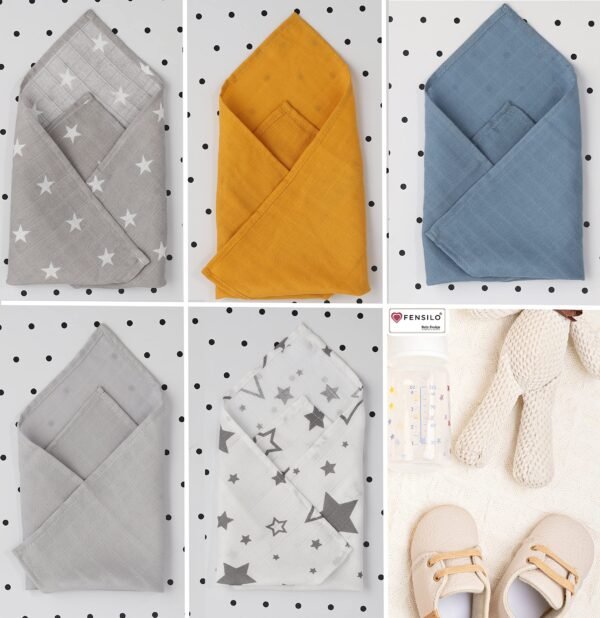 FENSILO Set van 5 mousselinedoeken voor baby's, 34 x 34 cm, babywashandjes van mousseline, veelzijdige doeken als spuugdoeken, snuffeldoek, 100% katoen, spucdoek sterren - Image 6