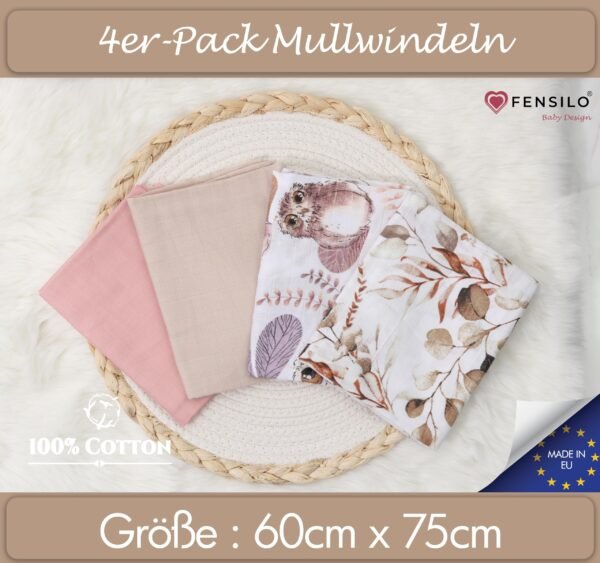 FENSILO|Baby|Katoenen mousseline|4pack|65x70 cm|Hydrofiele Luiers|Hydrofiele Doeken|jongens en meisjes|gaasluiers|babyluiers - roze-beige dieren - Image 6