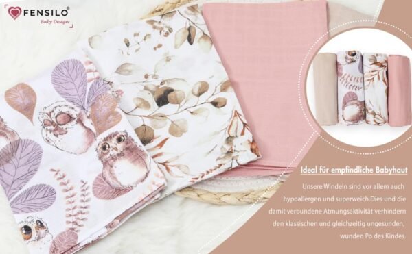 FENSILO|Baby|Katoenen mousseline|4pack|65x70 cm|Hydrofiele Luiers|Hydrofiele Doeken|jongens en meisjes|gaasluiers|babyluiers - roze-beige dieren - Image 3